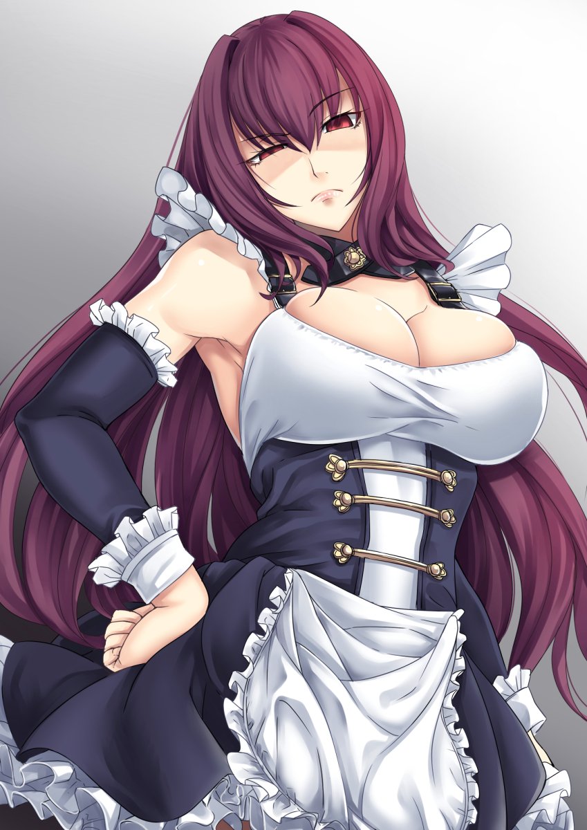 alternate_costume arm_warmers armpits black_dress breasts cleavage corset dress enmaided fate/grand_order fate_(series) frilled_dress frills frown gradient gradient_background hair_between_eyes hair_intakes hand_on_hip highres kinntarou large_breasts long_hair looking_at_viewer maid purple_hair red_eyes scathach_(fate)_(all) scathach_(fate/grand_order) shaded_face solo upper_body very_long_hair