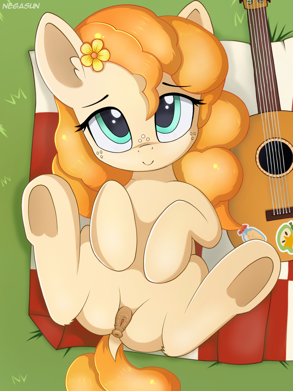 2018 animal_genitalia animal_pussy anus digital_media_(artwork) dock earth_pony equine equine_pussy female flower flower_in_hair freckles friendship_is_magic guitar hair hi_res hooves horse looking_at_viewer lying mammal musical_instrument my_little_pony negasun on_back pear_butter_(mlp) plant pony pussy smile solo underhoof