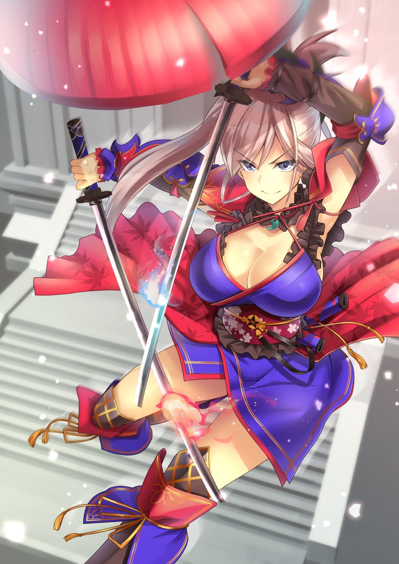 armpits asymmetrical_hair bangs blue_eyes breasts cleavage closed_mouth detached_sleeves dual_wielding eyebrows_visible_through_hair fate/grand_order fate_(series) full_body hair_between_eyes holding holding_sword holding_weapon japanese_clothes katana keigen_hichou kimono large_breasts leaf_print long_hair long_sleeves magatama midair miyamoto_musashi_(fate/grand_order) obi ponytail sash sheath smile solo stairs sword thighs throwing_hat unsheathing weapon