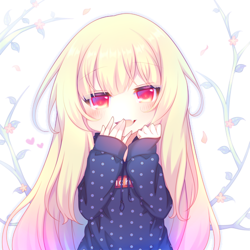 :d bangs blonde_hair blue_hoodie blush commentary_request drawstring eyebrows_visible_through_hair fang hair_between_eyes hand_to_own_mouth hands_up hood hoodie long_hair long_sleeves looking_at_viewer lowres open_mouth original polka_dot polka_dot_hoodie red_eyes sakurato_ototo_shizuku sleeves_past_wrists smile solo very_long_hair white_background