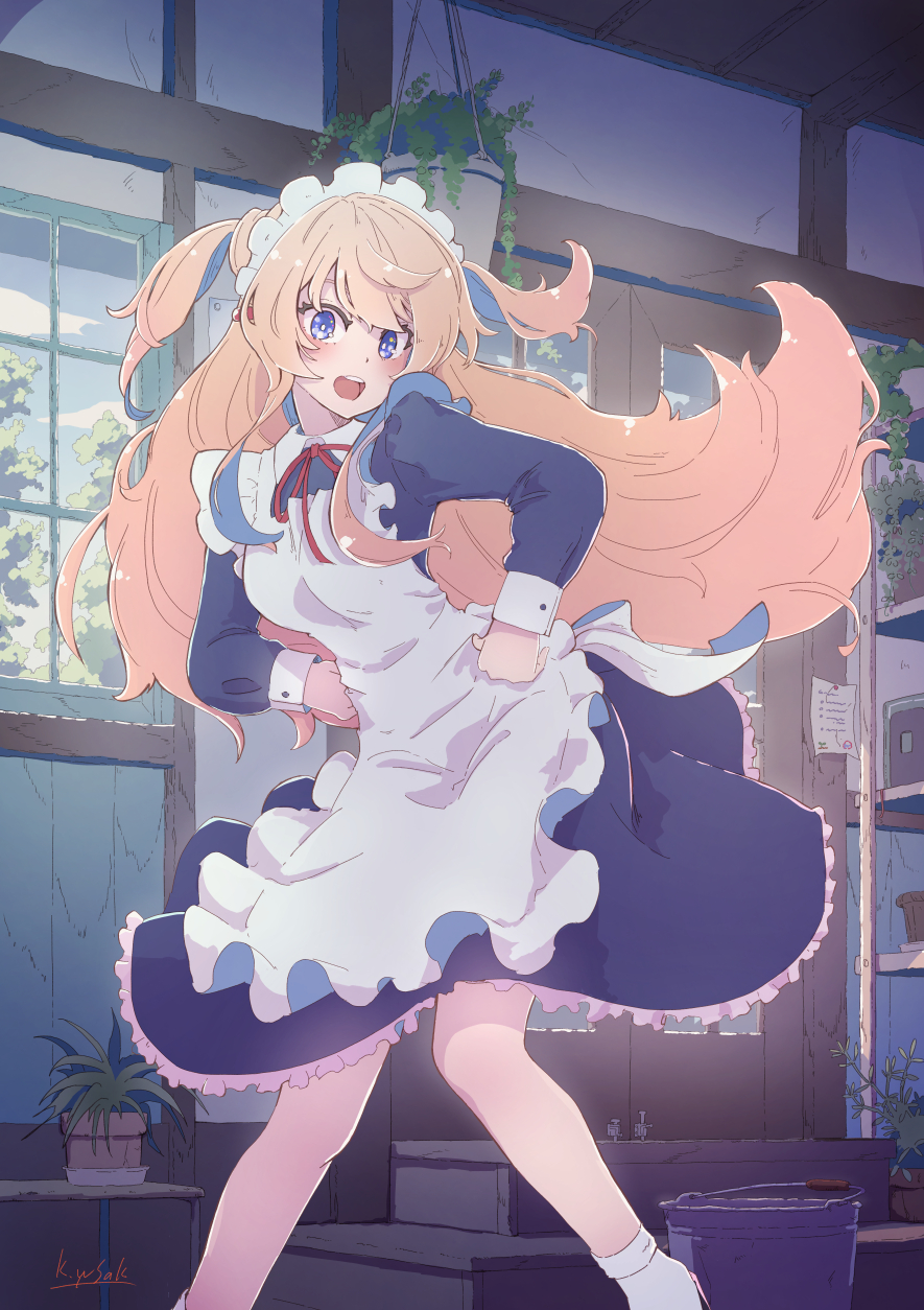 alicia_(kagawa_yuusaku) apron blonde_hair blue_eyes bucket hands_on_hips highres indoors kagawa_yuusaku long_hair maid maid_apron maid_headdress open_mouth original plant potted_plant solo two_side_up very_long_hair window