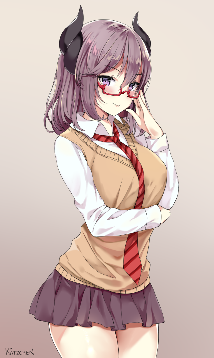 adjusting_eyewear artist_name azur_lane bangs black_skirt blush brown_background brown_hair closed_mouth collared_shirt commentary cowboy_shot curled_horns diagonal_stripes eyebrows_visible_through_hair glasses gradient gradient_background hair_between_eyes highres horns kaetzchen kirishima_(azur_lane) long_hair looking_at_viewer necktie pleated_skirt purple_eyes red-framed_eyewear red_neckwear school_uniform semi-rimless_eyewear shirt skirt smile solo striped striped_neckwear sweater_vest under-rim_eyewear white_shirt