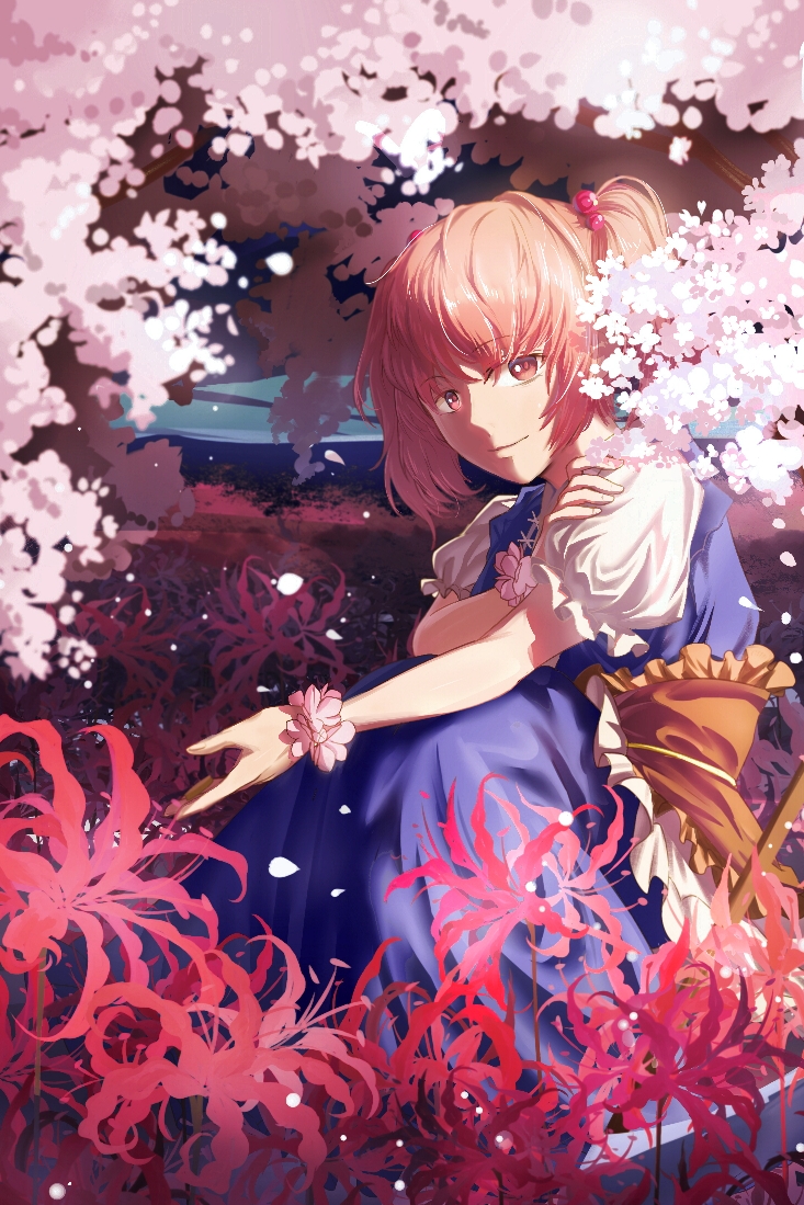 bangs blue_skirt cherry_blossoms chinese_commentary closed_mouth commentary_request eyebrows_visible_through_hair eyes_visible_through_hair fingernails flower frilled_sleeves frills from_side hair_bobbles hair_ornament light_brown_eyes light_brown_hair light_smile looking_at_viewer obi onozuka_komachi open_hand petals puffy_sleeves sash scrunchie scythe shirt skirt skirt_set solo spider_lily squatting touhou twintails white_shirt wrist_scrunchie yaosan233