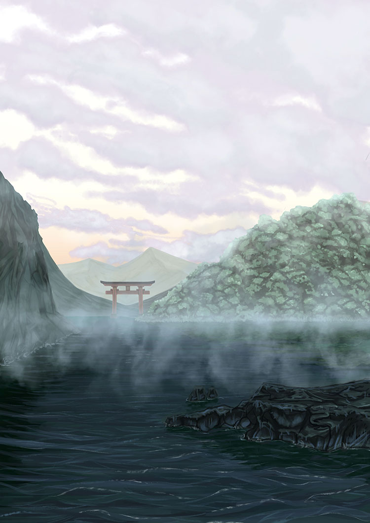 cloudy_sky commentary_request day fog inabi no_humans original outdoors overcast scenery sky torii water_surface