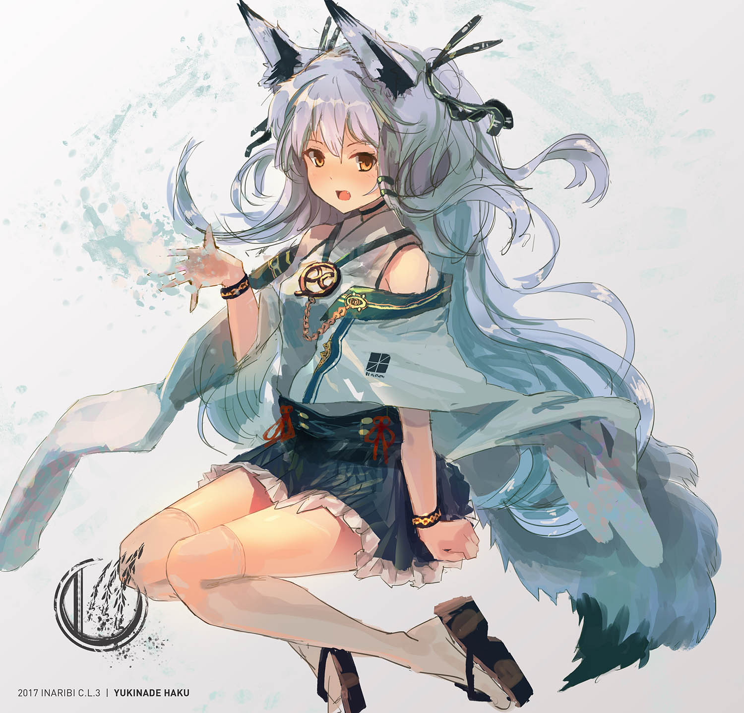 :d animal_ears bare_shoulders blue_skirt commentary_request fox_ears fox_tail grey_hair grey_legwear hand_up highres inabi invisible_chair jewelry long_hair long_sleeves looking_at_viewer necklace open_mouth orange_eyes original platform_footwear sandals sitting skirt smile solo tail thighhighs very_long_hair wristband