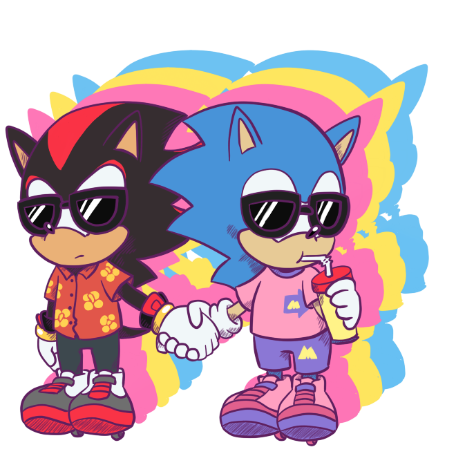 beverage chippidraws chocolatechippi clothed clothing eyewear hand_holding hedgehog male male/male mammal shadow shadow_the_hedgehog sonadow sonic_(series) sonic_the_hedgehog sunglasses super_gay