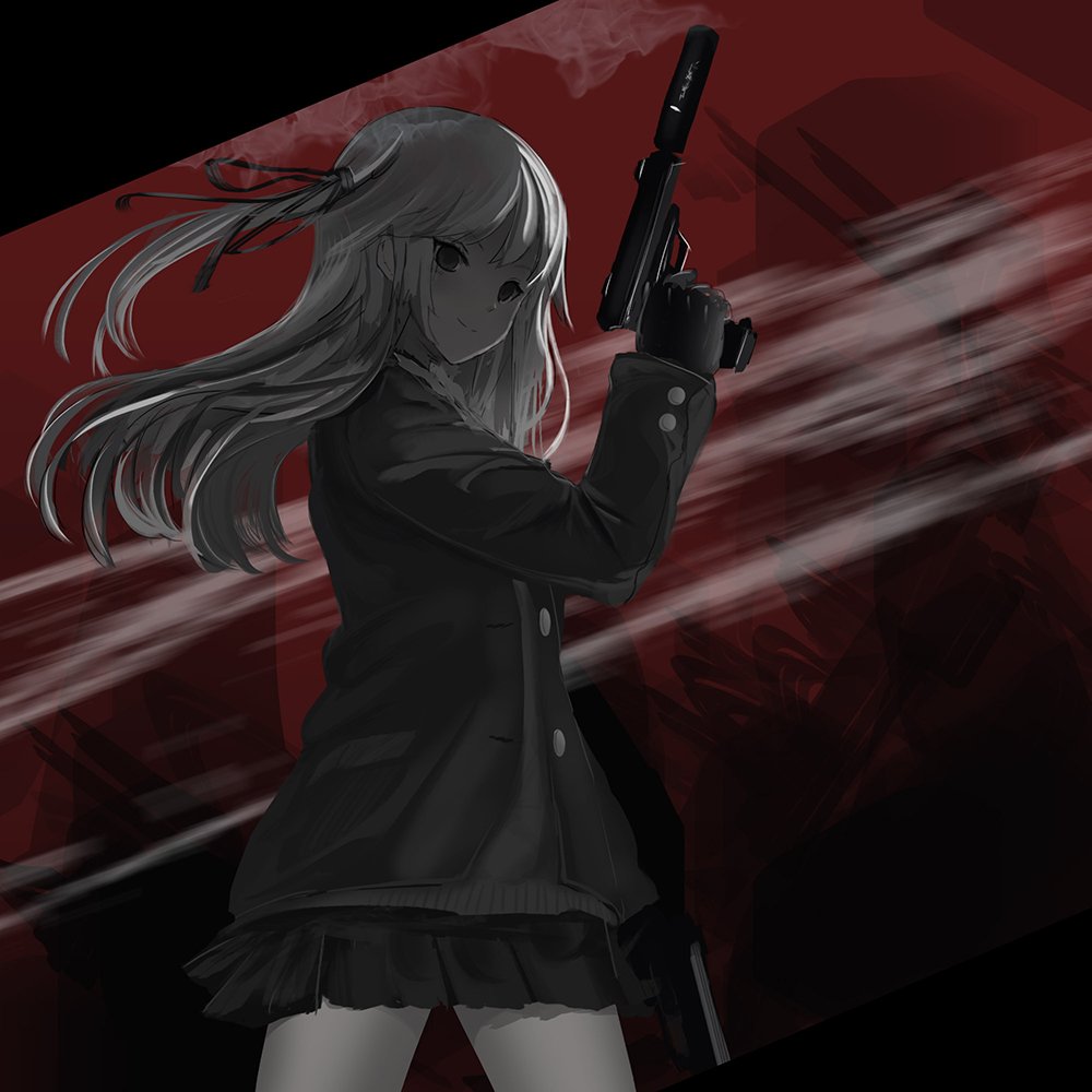 blush closed_mouth commentary cowboy_shot dual_wielding gloves gun hand_up holding holding_gun holding_weapon inabi jacket limited_palette long_hair long_sleeves looking_at_viewer original pleated_skirt skirt smile solo standing suppressor two_side_up weapon