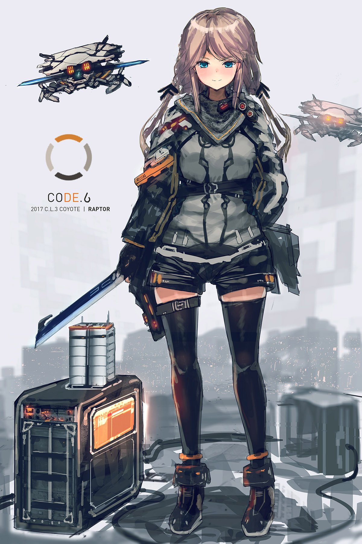 black_gloves black_legwear blue_eyes blush cable closed_mouth commentary_request gloves grey_background grey_shirt highres holding holding_sword holding_weapon inabi jacket leg_belt light_brown_hair long_hair long_sleeves looking_at_viewer low_twintails original robot shirt smile solo standing sword thighhighs twintails weapon