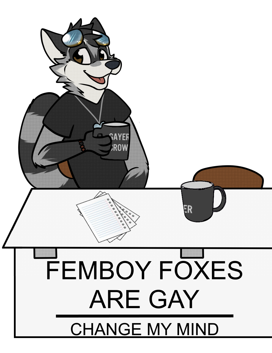 bracelet cup english_text erixalu_(artist) eyewear invalid_tag jewelry looking_at_viewer mammal meme necklace procyonid raccoon ringed_tail sunglasses table tervos_(artist) tervos_(character) text