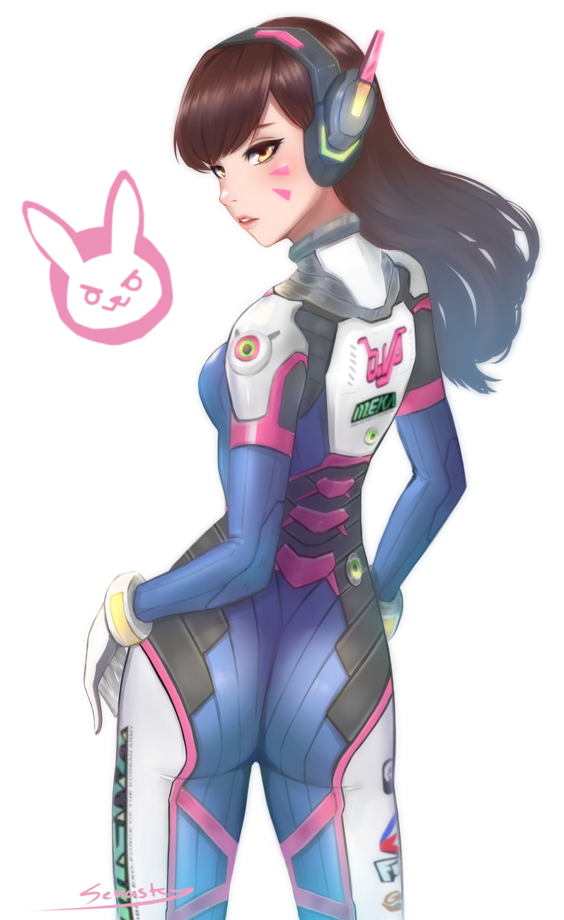 artist_name ass bangs blue_bodysuit bodysuit breasts brown_eyes brown_hair character_name clothes_writing cowboy_shot d.va_(overwatch) emblem facepaint facial_mark from_behind headphones high_collar highres long_hair looking_at_viewer looking_back overwatch parted_lips pilot_suit pink_lips ribbed_bodysuit senasky shoulder_pads signature simple_background skin_tight small_breasts solo swept_bangs twisted_torso whisker_markings white_background