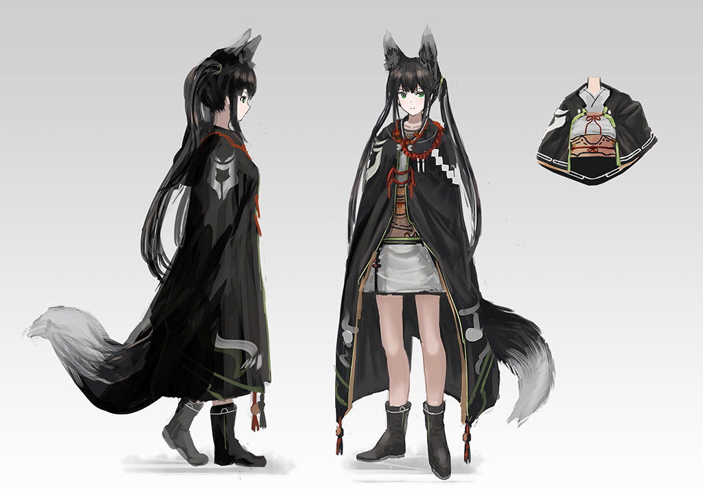 animal_ears ankle_boots bangs black_cape black_hair blue_eyes blush boots cape closed_mouth expressionless fox_ears fox_girl fox_tail gradient gradient_background inabi japanese_clothes looking_at_viewer multiple_views obi original profile sash standing tail twintails