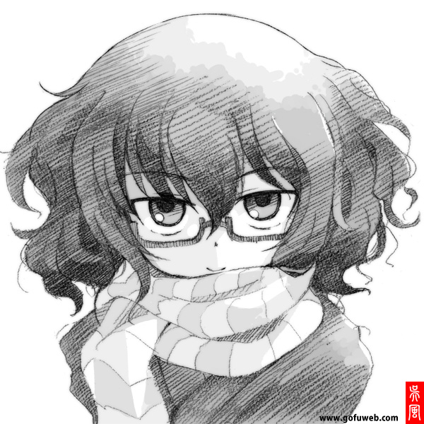 artist_name commentary_request coupy_pencil_(medium) eyebrows_visible_through_hair girls_und_panzer glasses gofu looking_at_viewer monochrome oryou_(girls_und_panzer) scarf semi-rimless_eyewear short_hair solo striped striped_scarf traditional_media under-rim_eyewear upper_body watermark web_address