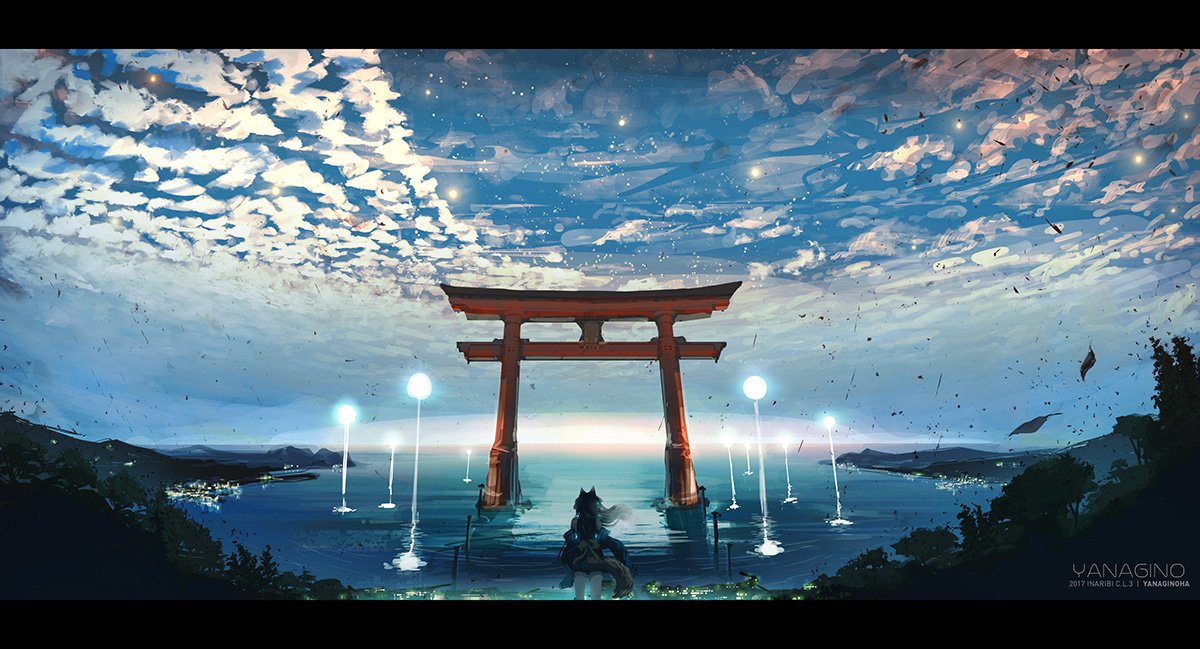 animal_ears blue_sky cloud cloudy_sky commentary_request day facing_viewer floating_hair fox_ears fox_tail from_behind grey_hair inabi ocean original outdoors scenery sky solo standing tail torii water_surface