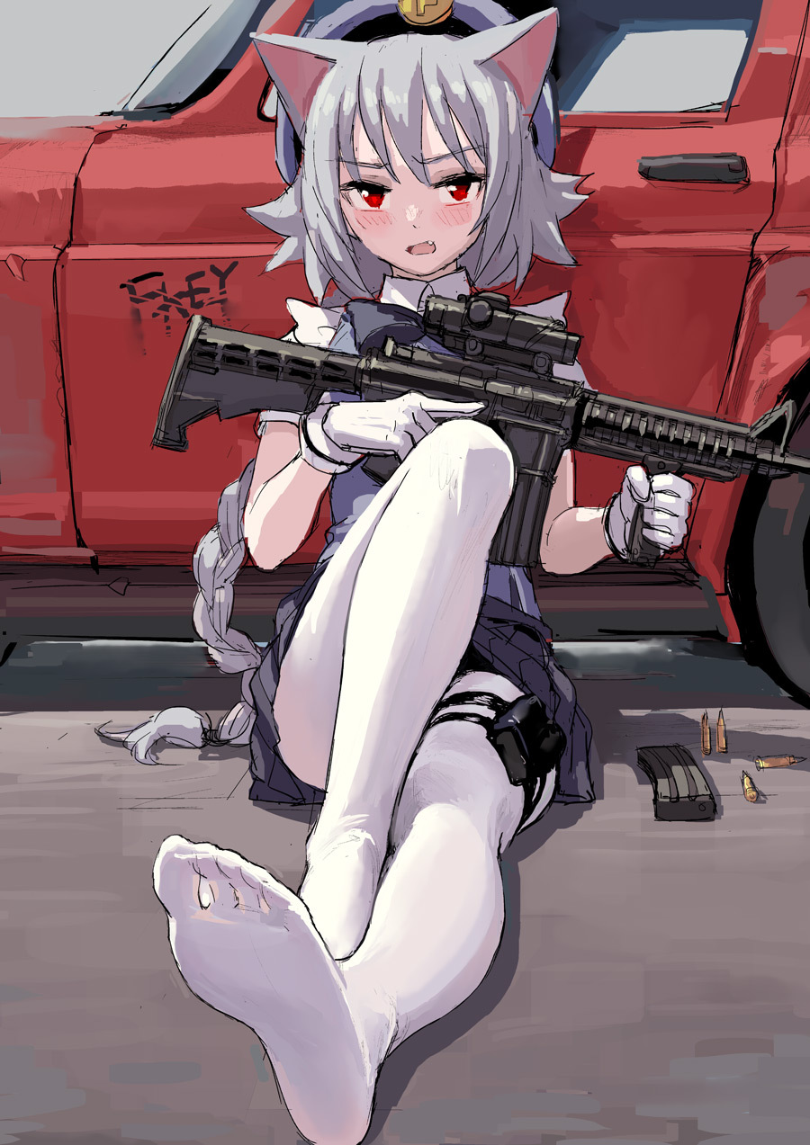animal_ears artist_name assault_rifle bangs beret blue_hat blue_skirt blue_vest blush braid bullet car cartridge cat_ears eyebrows_visible_through_hair fang feet fkey floor gloves grey_background ground_vehicle gun hat highres holding holding_gun holding_weapon holster knee_up long_hair m4_carbine magazine_(weapon) miniskirt motor_vehicle no_shoes open_mouth original pantyhose pleated_skirt red_eyes rifle shirt short_sleeves signature silver_hair sitting skirt soles solo thigh_holster v-shaped_eyebrows very_long_hair vest weapon white_gloves white_legwear white_shirt wing_collar