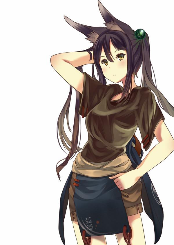 :&lt; animal_ears blush brown_shirt brown_shorts closed_mouth commentary_request cowboy_shot fox_ears hair_between_eyes hand_up inabi long_hair looking_at_viewer original pelvic_curtain shirt short_shorts short_sleeves shorts simple_background solo twintails white_background yellow_eyes