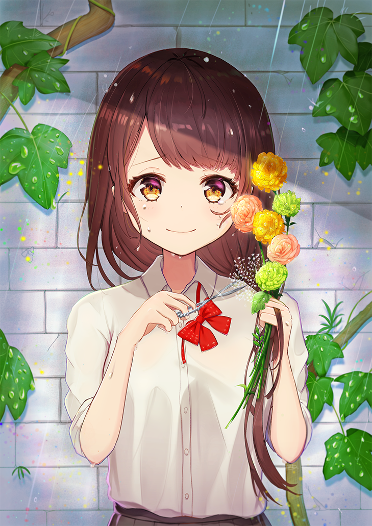 bangs bow eyebrows_visible_through_hair flower flower_request hair_over_shoulder looking_at_viewer omelet_tomato original plant rain red_bow school_uniform sleeves_rolled_up smile solo tears upper_body wall wet yellow_eyes
