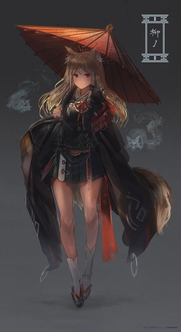 blonde_hair commentary_request grey_background grey_skirt highres holding inabi japanese_clothes kimono long_hair long_sleeves looking_at_viewer oriental_umbrella original pleated_skirt sandals skirt solo standing tabi umbrella white_legwear