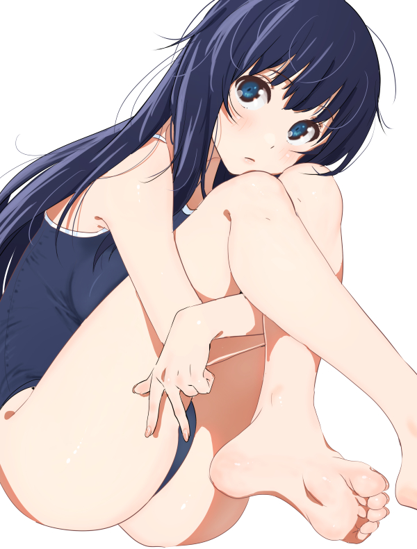 bangs bare_legs barefoot blue_eyes blue_hair blue_swimsuit blush closed_mouth commentary_request competition_school_swimsuit crossed_legs dutch_angle eyebrows_visible_through_hair feet fingernails head_tilt long_hair looking_at_viewer one-piece_swimsuit original school_swimsuit senjitsu_musou simple_background sitting soles solo swimsuit toenails toes v white_background