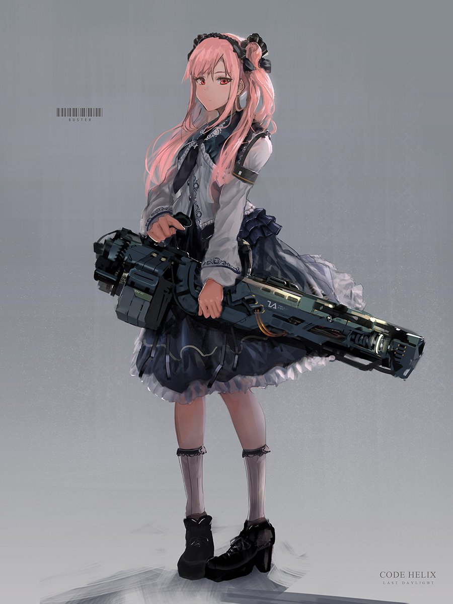 bangs black_footwear black_skirt boots closed_mouth full_body grey_background gun hairband high_heel_boots high_heels highres holding holding_gun holding_weapon inabi long_hair long_sleeves looking_at_viewer original pink_hair red_eyes skirt socks solo standing twintails weapon white_legwear