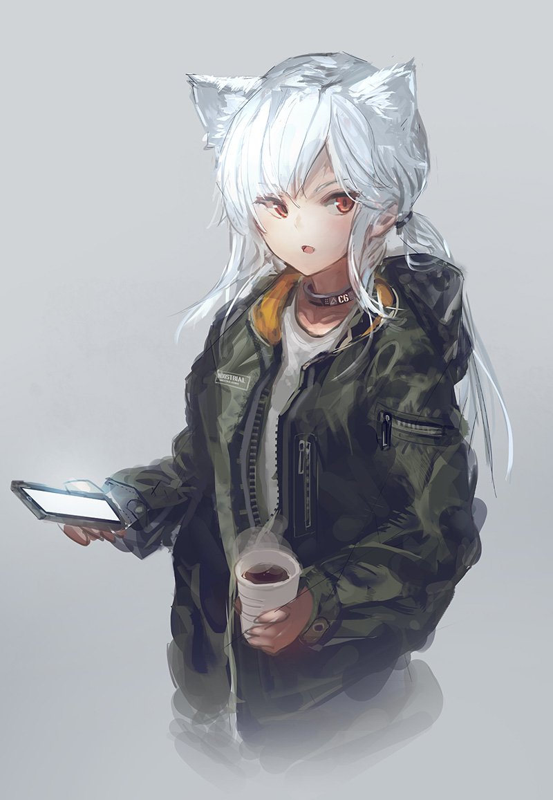animal_ears cellphone choker commentary_request cup green_jacket grey_background holding holding_cellphone holding_phone inabi jacket long_hair long_sleeves open_clothes open_jacket original parted_lips phone red_eyes shirt simple_background smartphone solo steam upper_body white_hair white_shirt