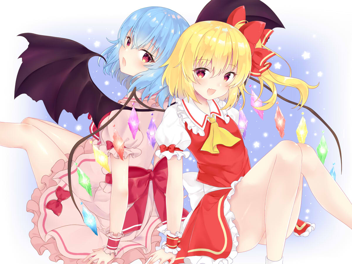 :d :o back-to-back bat_wings blonde_hair blouse blue_background blue_hair cravat eyebrows_visible_through_hair fang feet_out_of_frame flandre_scarlet gradient gradient_background hair_between_eyes knees_up legs_up looking_at_viewer looking_back multiple_girls no_headwear open_mouth pink_blouse pink_skirt puffy_short_sleeves puffy_sleeves red_eyes red_neckwear red_skirt red_vest remilia_scarlet short_hair short_sleeves siblings sisters sitting skirt smile star starry_background tosakaoil touhou vest wings wrist_cuffs yellow_neckwear
