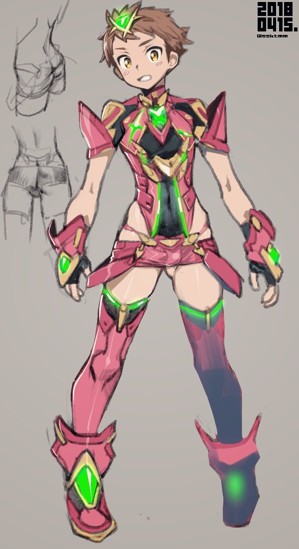 adapted_costume black_gloves boots brown_hair bulge cosplay crossdressing dated fingerless_gloves fujimoto_hideaki full_body gloves grey_background headpiece homura_(xenoblade_2) homura_(xenoblade_2)_(cosplay) looking_at_viewer male_focus miniskirt neon_trim rex_(xenoblade_2) shorts simple_background skirt solo thighhighs twitter_username xenoblade_(series) xenoblade_2 yellow_eyes