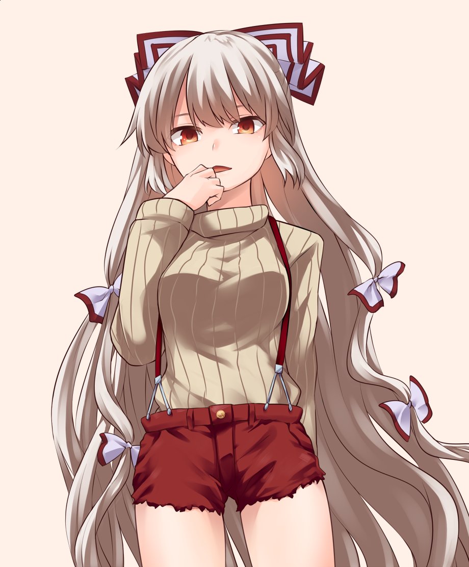 alternate_costume beige_background beige_sweater bow breasts commentary_request cowboy_shot cutoffs fujiwara_no_mokou hair_bow hand_to_own_mouth hand_up long_hair long_sleeves looking_at_viewer medium_breasts miyo_(ranthath) open_mouth red_eyes red_shorts ribbed_sweater short_shorts shorts silver_hair simple_background solo standing suspenders sweater touhou very_long_hair white_bow
