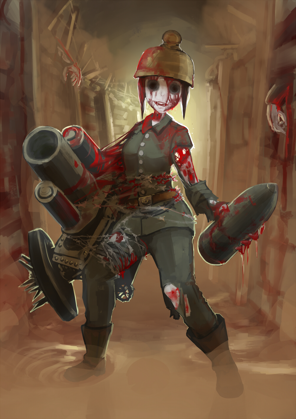 barbed_wire blood corpse erica_(naze1940) guro helmet highres hollow_eyes military military_uniform monster mortar open_mouth original shell torn_clothes trench undead uniform world_war_i zombie