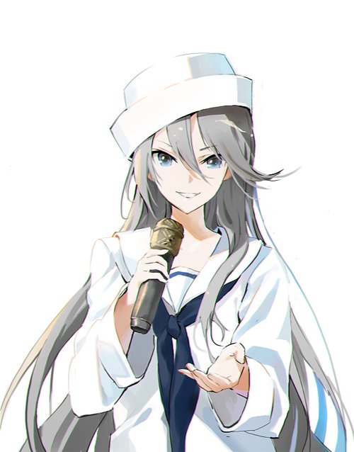 bad_id bad_twitter_id bangs black_neckwear blouse blue_eyes commentary_request dixie_cup_hat flint_(girls_und_panzer) gesture girls_und_panzer grey_hair hat holding holding_microphone long_hair long_sleeves looking_at_viewer microphone military_hat naye neckerchief ooarai_naval_school_uniform parted_lips sailor sailor_collar school_uniform simple_background smile solo standing upper_body white_background white_blouse white_hat