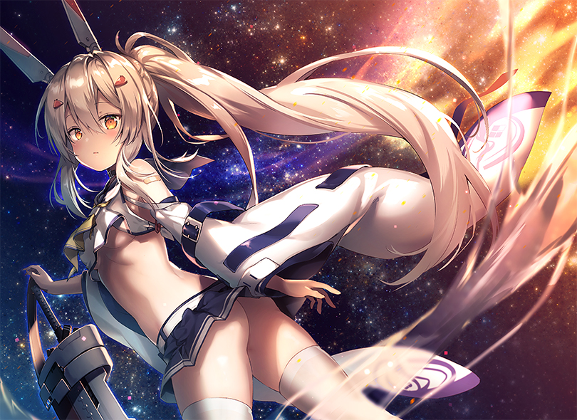 ass ayanami_(azur_lane) azur_lane breasts commentary_request detached_sleeves headgear long_hair looking_at_viewer navel night night_sky no_panties orange_eyes parted_lips pleated_skirt ponytail remodel_(azur_lane) revision riichu school_uniform serafuku silver_hair skirt sky small_breasts solo star_(sky) starry_sky sword thighhighs underboob weapon white_legwear wide_sleeves wind zettai_ryouiki