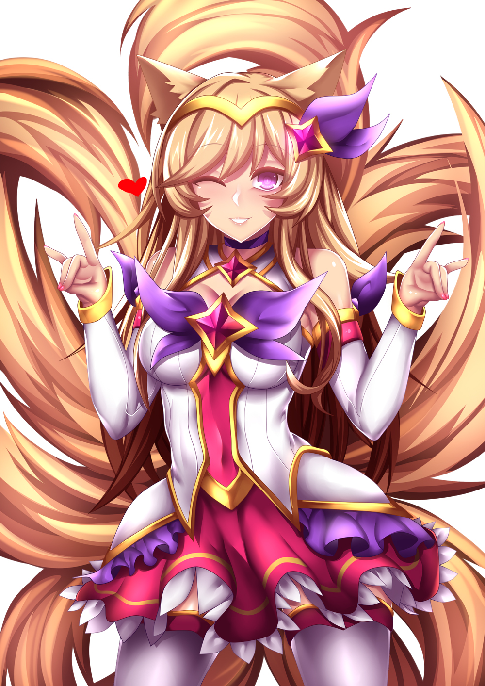 ;d \m/ ahri animal_ears breasts cleavage commentary detached_sleeves double_\m/ fi-san fox_ears fox_girl frilled_skirt frills hairband heart highres league_of_legends light_brown_hair long_hair looking_at_viewer magical_girl medium_breasts multiple_tails one_eye_closed open_mouth pantyhose pose purple_eyes simple_background skirt smile solo star_guardian_ahri tail white_background white_legwear