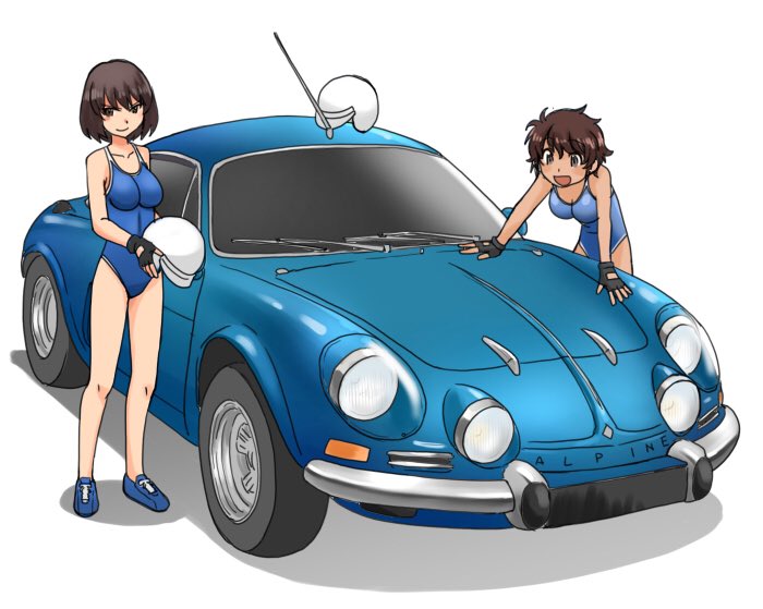 black_eyes blue_footwear blue_swimsuit brown_hair car closed_mouth commentary_request dark_skin girls_und_panzer ground_vehicle helmet holding hoshino_(girls_und_panzer) looking_at_viewer motor_vehicle multiple_girls one-piece_swimsuit open_mouth renault_alpine_a110 school_swimsuit shadow shoes short_hair simple_background smile sneakers standing suzuki_(girls_und_panzer) swimsuit uona_telepin white_background