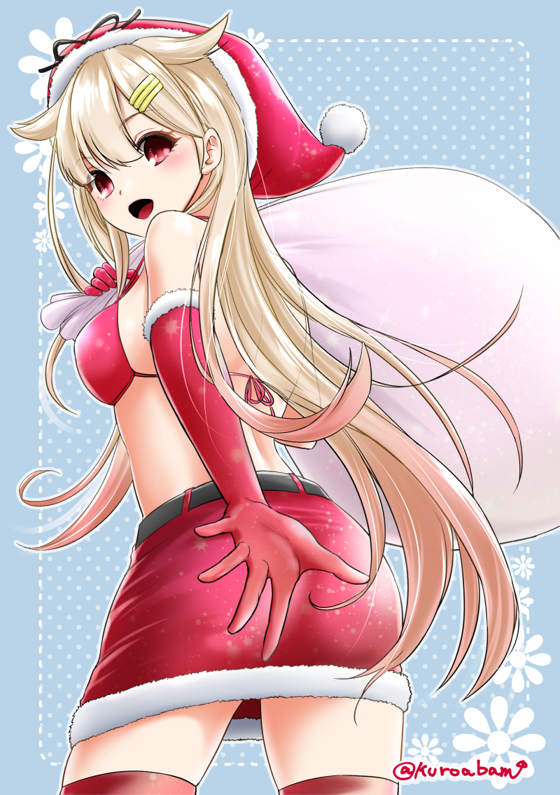 :d alternate_costume ass bikini_top commentary_request elbow_gloves from_behind gloves hair_flaps hair_ornament hairclip hat kantai_collection kuroba_dam light_brown_hair long_hair looking_at_viewer looking_back open_mouth reaching red_eyes red_gloves remodel_(kantai_collection) santa_hat simple_background smile solo twitter_username yuudachi_(kantai_collection)