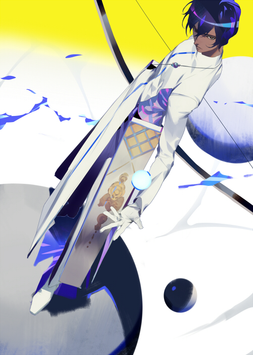 alternate_hair_color arjuna_(fate/grand_order) bangs black_eyes blue_hair bow_(weapon) closed_mouth commentary_request copyright_request dark_skin dark_skinned_male dutch_angle fate/grand_order fate_(series) floating frown full_body gloves hair_between_eyes holding holding_bow_(weapon) holding_weapon indian_clothes legs_apart levitation long_sleeves looking_at_viewer male_focus orb outstretched_arm outstretched_hand pants parted_bangs pelvic_curtain quiver rei_(sanbonzakura) shirt solo standing turtleneck wavy_hair weapon white_footwear white_gloves white_pants white_shirt