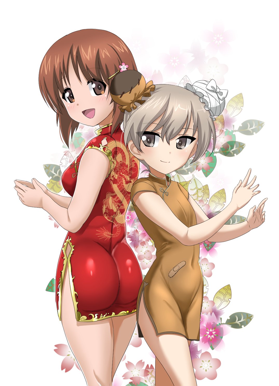 ass bandaid bangs boko_(girls_und_panzer) boko_(girls_und_panzer)_(cosplay) brown_dress brown_eyes brown_hair bun_cover china_dress chinese_clothes closed_mouth commentary cosplay cowboy_shot dated double_bun dragon_print dress excel_(shena) eyebrows_visible_through_hair floral_background flower from_behind girls_und_panzer hair_flower hair_ornament hair_up hairclip hands_together highres light_brown_hair looking_at_viewer looking_back multiple_girls nishizumi_miho open_mouth pose print_dress red_dress shimada_arisu short_dress short_hair short_sleeves side_slit sleeveless sleeveless_dress smile standing twitter_username