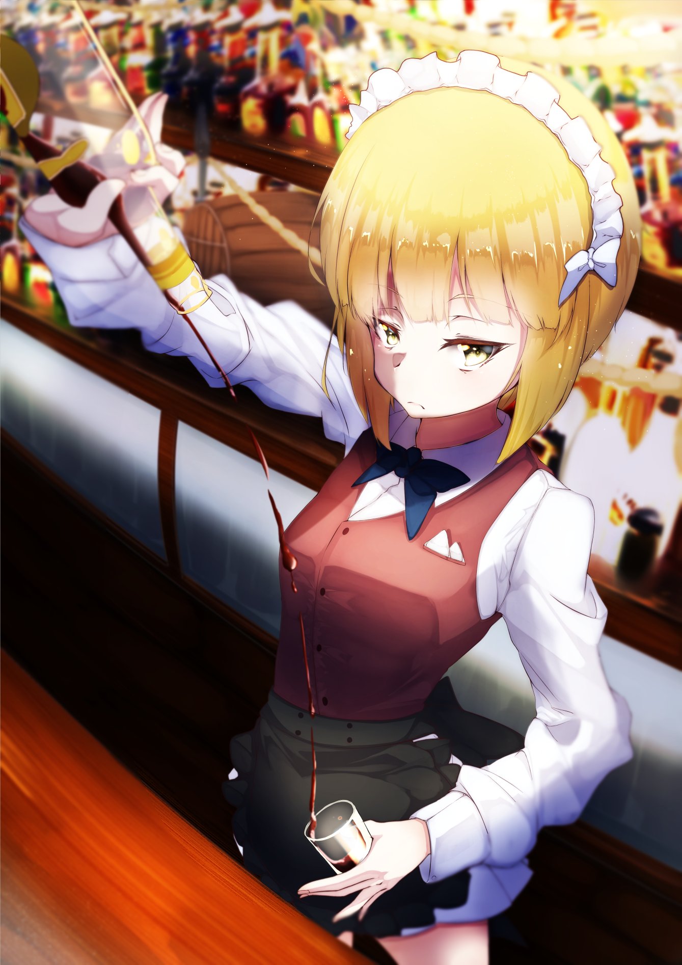 :c alcohol apron arm_up bar barrel bartender black_apron black_skirt blonde_hair blue_bow blue_neckwear bottle bow bowtie closed_mouth collared_shirt commentary_request counter cup cutlass_(girls_und_panzer) drinking_glass eyebrows_visible_through_hair girls_und_panzer highres holding holding_cup indoors long_hair maid_headdress murata_ryou pouring red_vest sad shirt short_hair skirt solo standing vest waist_apron white_bow white_shirt yellow_eyes