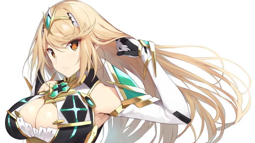 adjusting_hair armpits breasts cleavage commentary_request elbow_gloves gloves hairband hikari_(xenoblade_2) large_breasts light_brown_hair long_hair looking_at_viewer simple_background solo upper_body white_background white_gloves xenoblade_(series) xenoblade_2 yappen
