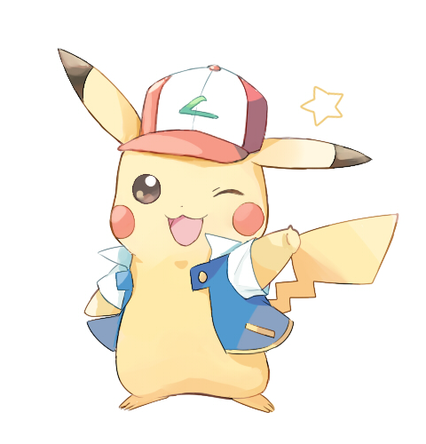 ambiguous_gender clothing hat low_res may_(pixiv) nintendo one_eye_closed open_mouth pikachu pok&eacute;mon pok&eacute;mon_(species) simple_background solo video_games wink