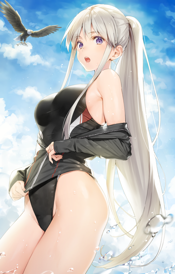 alternate_hairstyle armpit_crease azur_lane bird black_swimsuit blue_sky breasts commentary_request competition_swimsuit cowboy_shot day eagle enterprise_(azur_lane) eyebrows_visible_through_hair from_below impossible_clothes impossible_swimsuit long_hair looking_at_viewer medium_breasts off_shoulder one-piece_swimsuit open_mouth ponytail purple_eyes sidelocks sky solo swimsuit tokki very_long_hair water_drop wet wet_hair white_hair