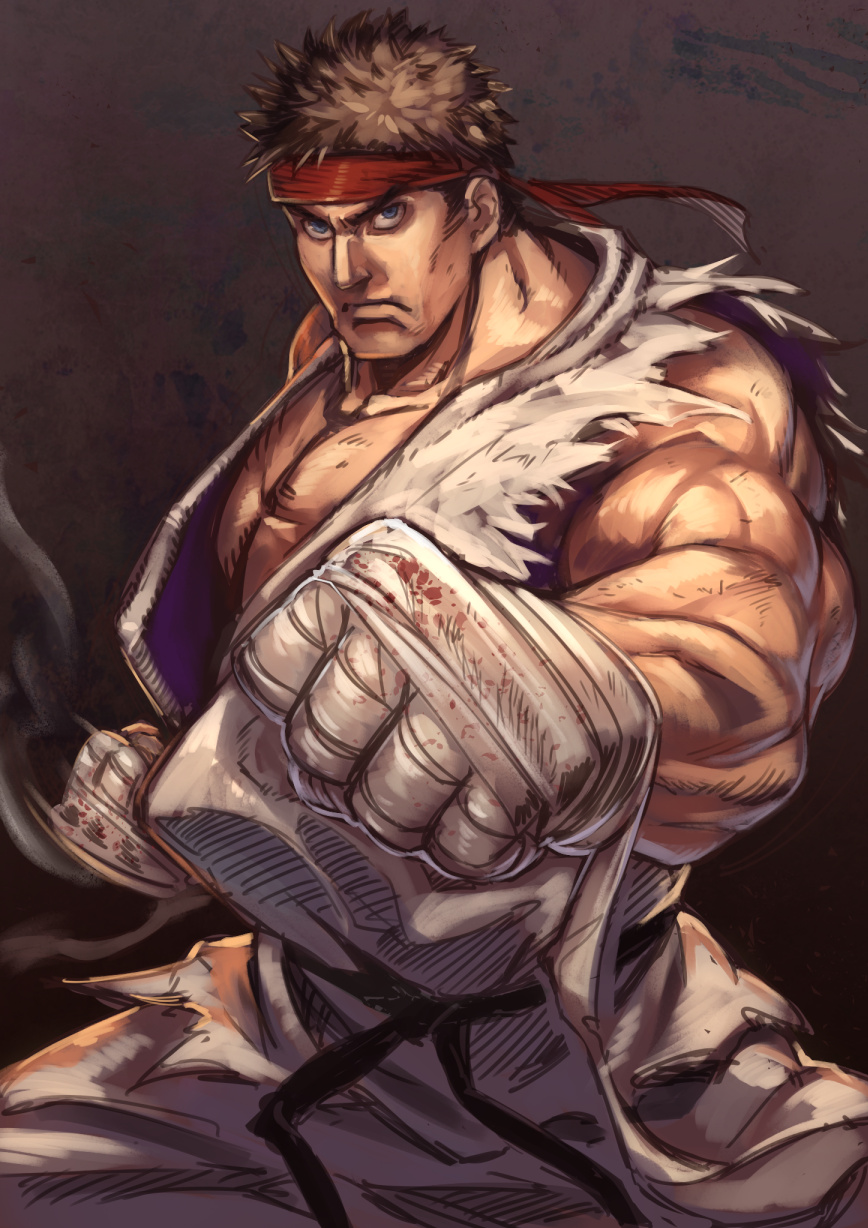 &gt;:( asutora bandaged_hands bandages belt black_belt blue_eyes brown_hair clenched_hands closed_mouth commentary_request cowboy_shot fighting_stance fingerless_gloves foreshortening frown gloves headband highres looking_at_viewer male_focus muscle pants red_headband ryuu_(street_fighter) sleeveless solo standing street_fighter torn_clothes v-shaped_eyebrows white_pants