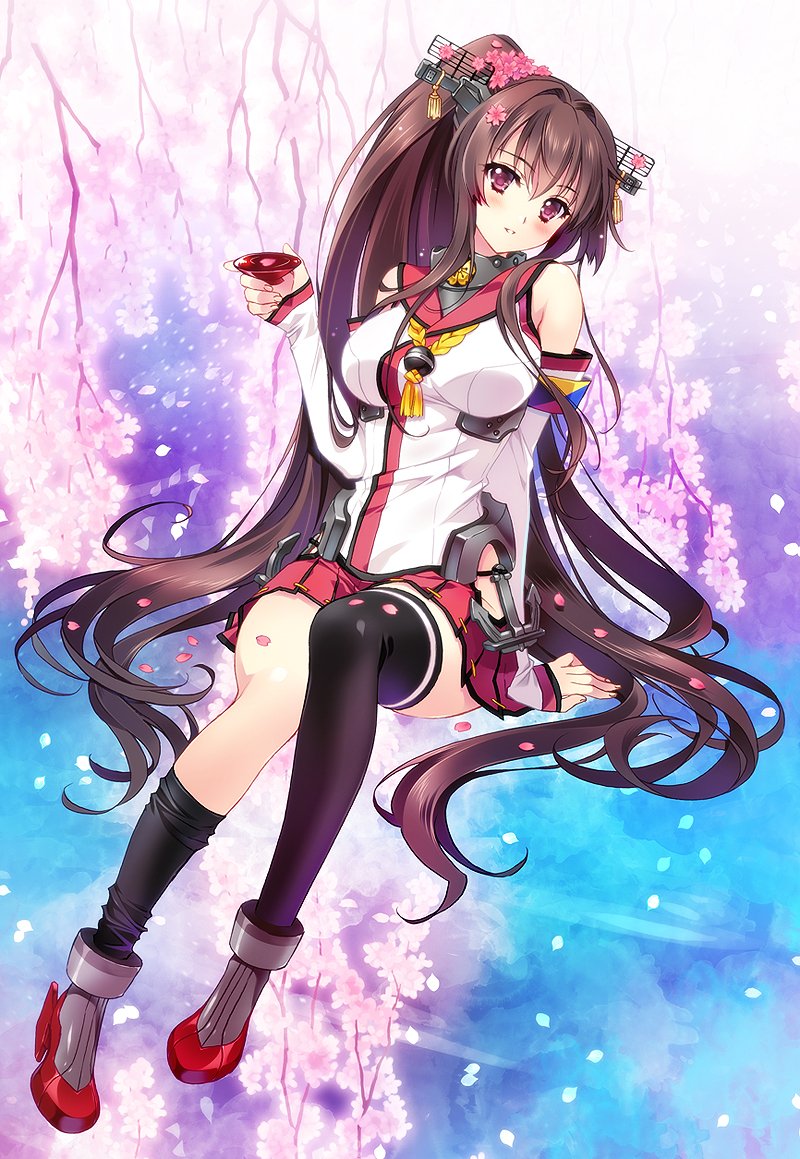 anchor artist_name asymmetrical_legwear blush breasts brown_hair carnelian cherry_blossoms cup detached_sleeves flower hair_intakes headgear kantai_collection large_breasts long_hair looking_at_viewer miniskirt parted_lips petals pleated_skirt ponytail sakazuki single_thighhigh skirt solo thighhighs thighhighs_pull very_long_hair yamato_(kantai_collection)