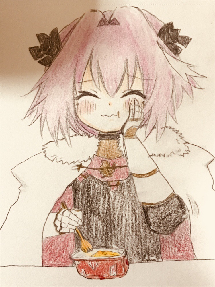 :t ^_^ astolfo_(fate) bangs black_bow black_gloves black_shirt blush bow braid buckle chewing closed_eyes closed_mouth commentary_request dot_nose eating emblem eyebrows_visible_through_hair facing_viewer fate/apocrypha fate_(series) food_request fur-trimmed_cloak fur_collar furrowed_eyebrows gauntlets gloves gold_trim gorget hair_bow hair_intakes hand_on_own_cheek hands_up holding_spork long_hair long_sleeves male_focus multicolored_hair otoko_no_ko parted_bangs photo pink_hair rin_(rinlily1925) shirt single_braid sitting smile solo spork streaked_hair table traditional_media turtleneck two-tone_hair upper_body white_cloak white_hair