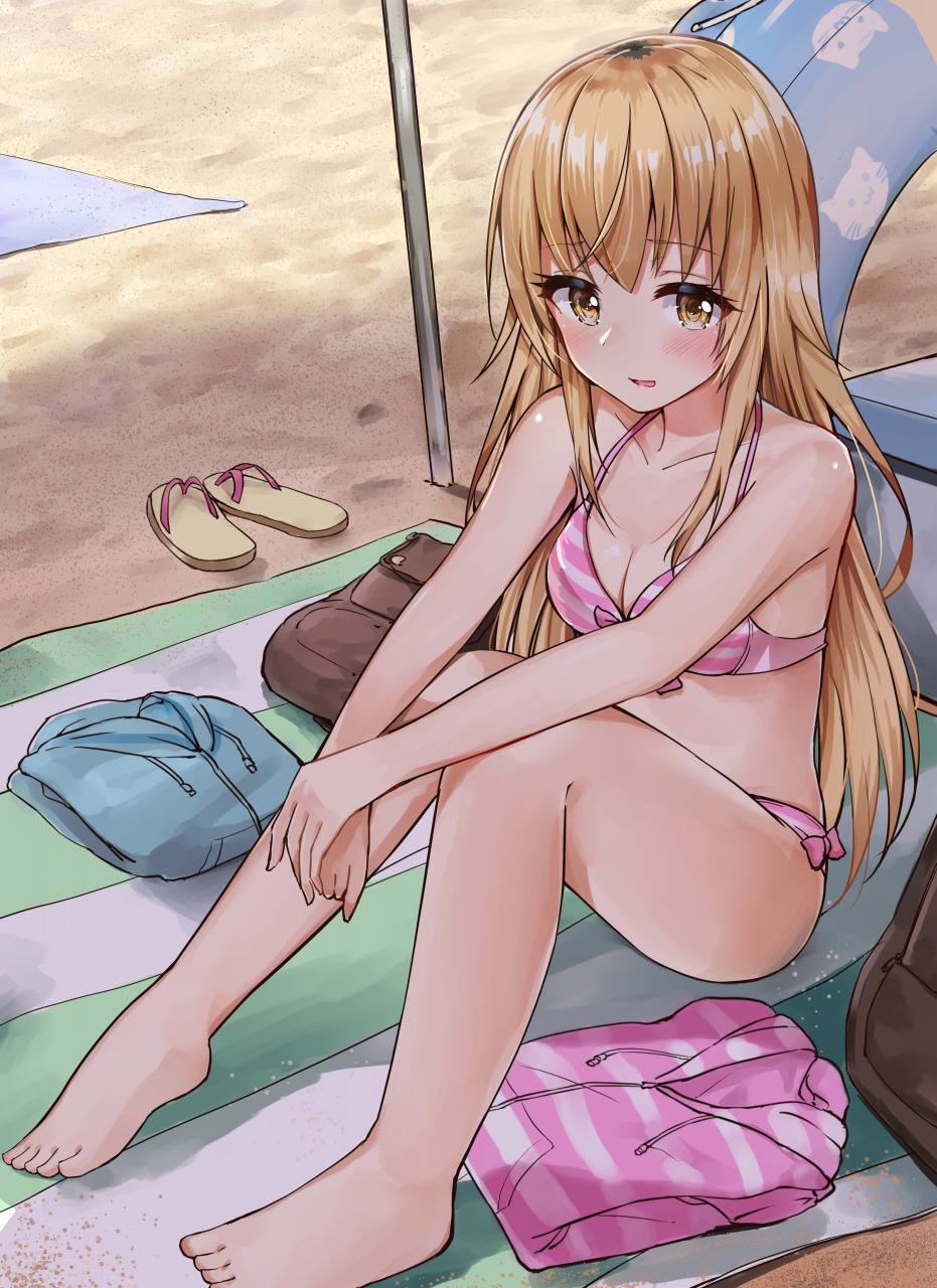 bare_legs bikini breasts cleavage commentary from_above highres hood hooded_jacket ienaga_mugi jacket light_brown_eyes light_brown_hair long_hair looking_at_viewer nijisanji parted_lips racchi. sandals sitting small_breasts smile solo striped striped_bikini swimsuit