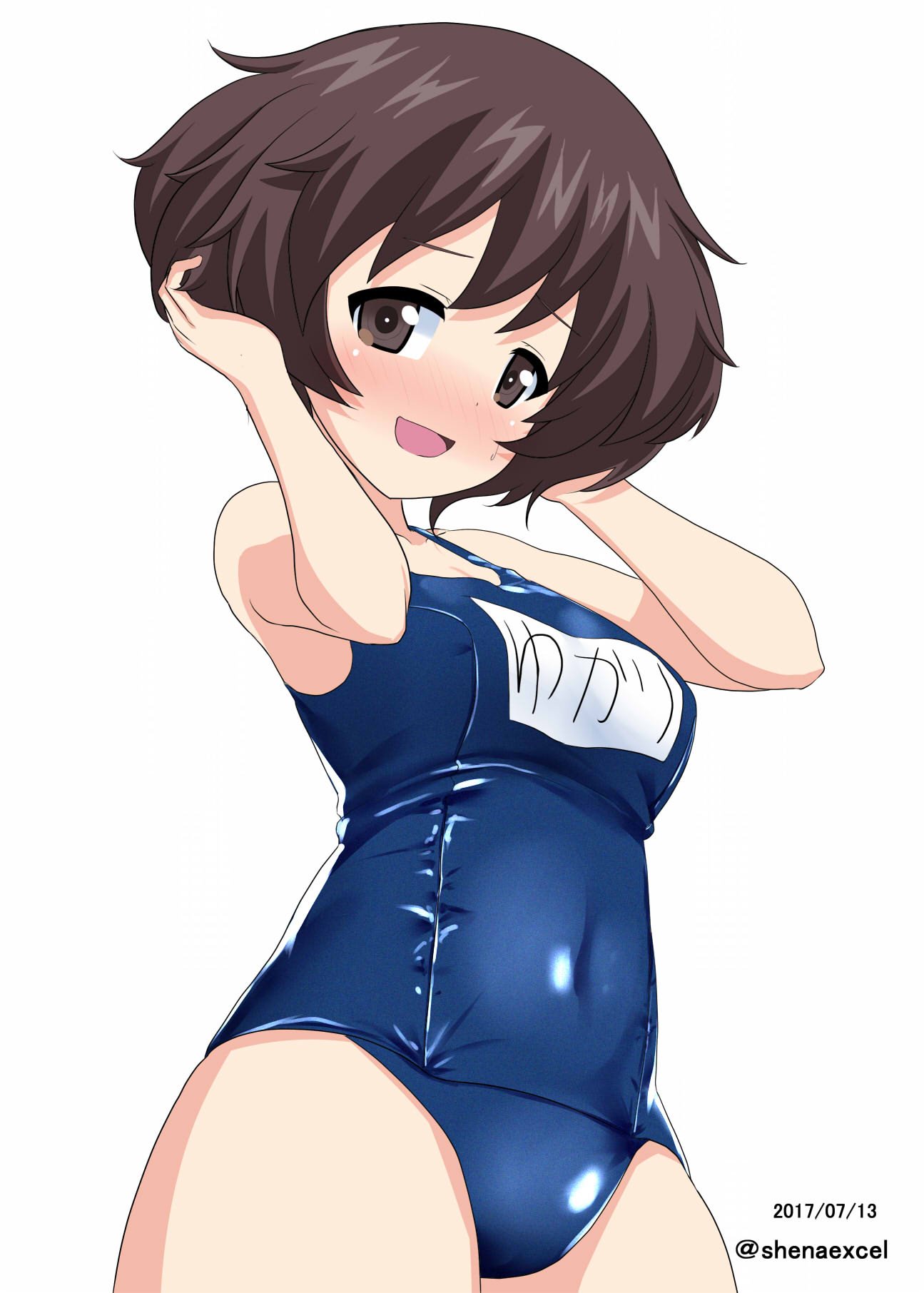 akiyama_yukari arms_up bangs blue_swimsuit blush breasts brown_eyes brown_hair commentary covered_navel cowboy_shot excel_(shena) eyebrows_visible_through_hair girls_und_panzer hands_in_hair highres looking_at_viewer medium_breasts messy_hair name_tag old_school_swimsuit one-piece_swimsuit open_mouth school_swimsuit shiny shiny_clothes short_hair simple_background smile solo standing sweatdrop swimsuit white_background