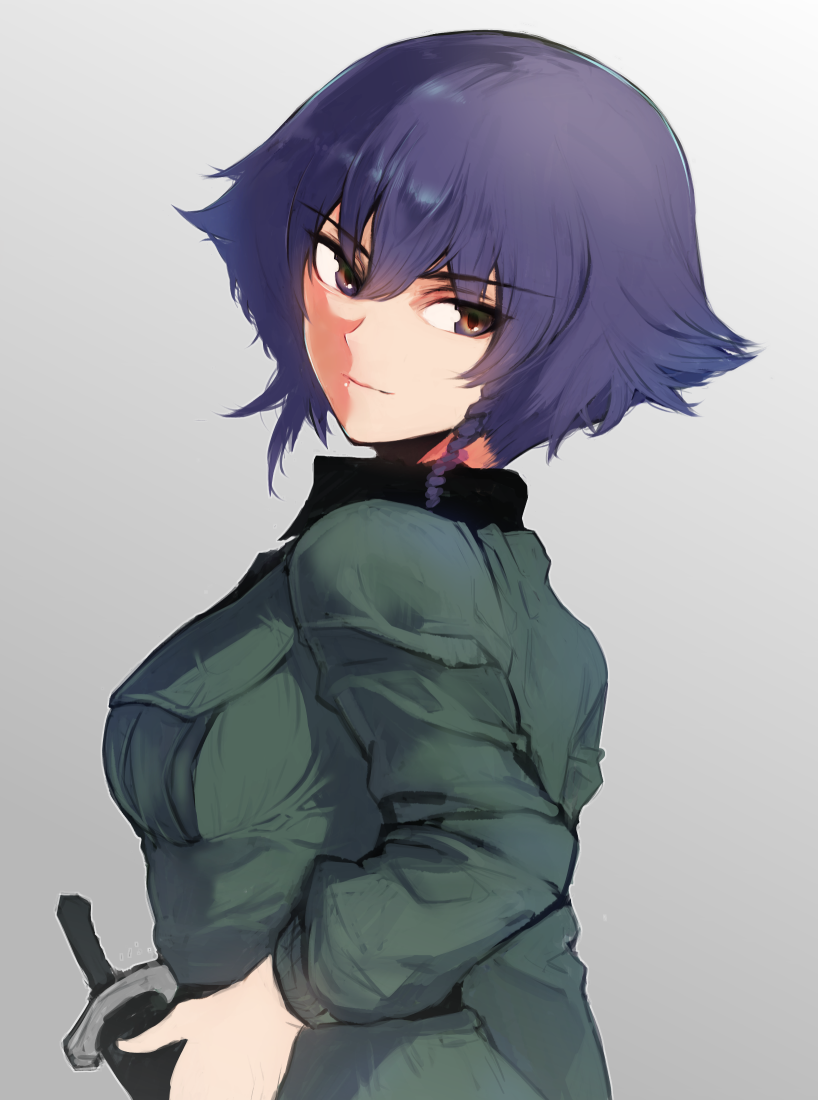 anzio_military_uniform bangs black_hair black_shirt braid brown_eyes closed_mouth commentary eyebrows_visible_through_hair from_behind girls_und_panzer gradient gradient_background grey_background grey_jacket hand_on_hip jacket knife long_sleeves looking_at_viewer looking_back military military_uniform mityubi pepperoni_(girls_und_panzer) shirt short_hair side_braid smile solo standing uniform upper_body