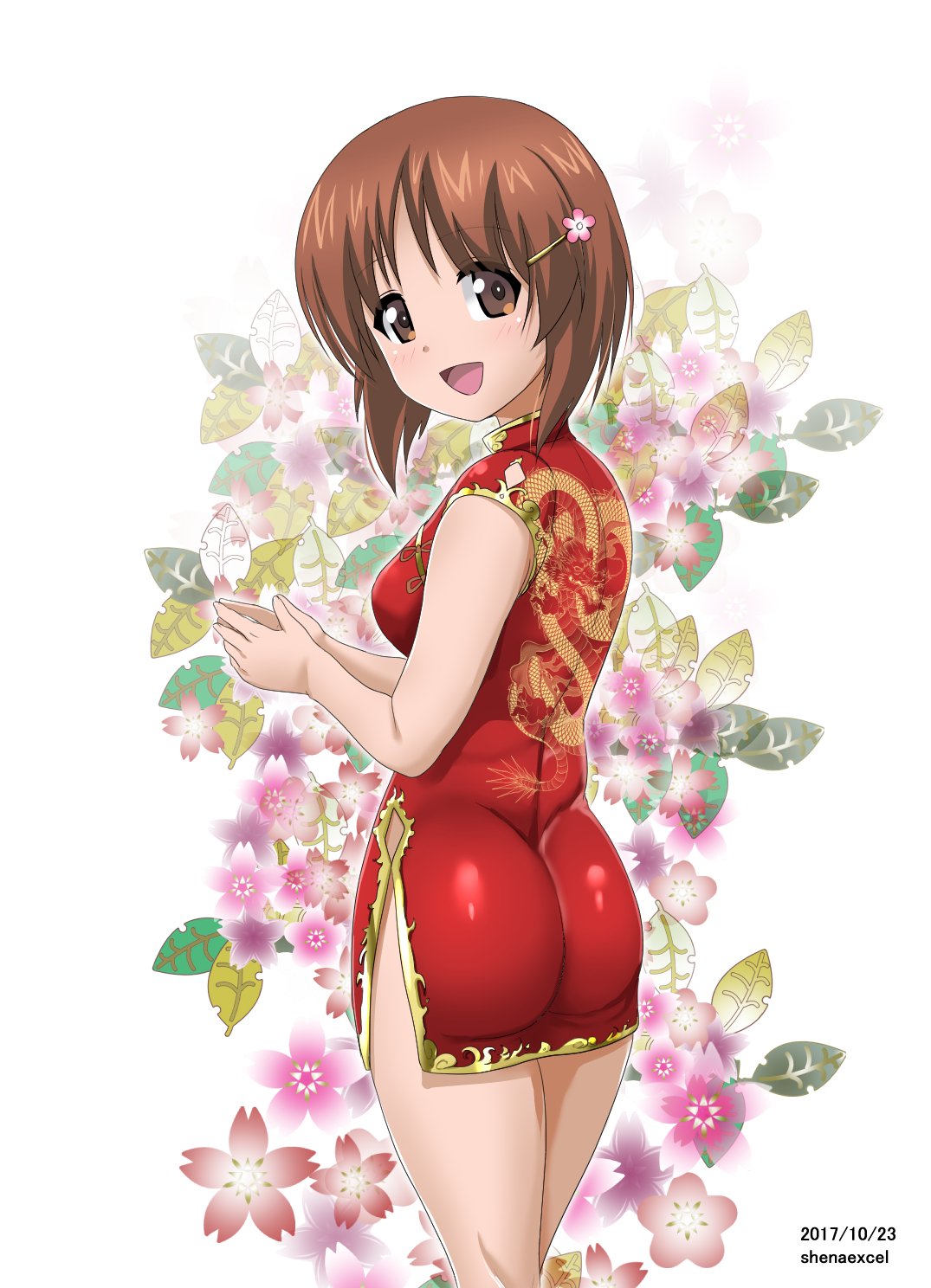 ass bangs brown_eyes brown_hair commentary dated dragon_print dress excel_(shena) floral_background flower from_behind girls_und_panzer hair_flower hair_ornament hairclip hands_together highres looking_at_viewer looking_back nishizumi_miho open_mouth pose print_dress red_dress short_dress short_hair side_slit sleeveless sleeveless_dress smile solo standing twitter_username