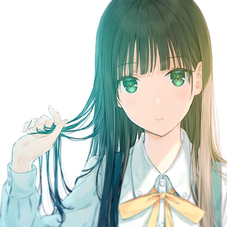arm_up backlighting bangs black_hair blunt_bangs blurry blush depth_of_field eyebrows_visible_through_hair focused green_eyes head_tilt hiten_(hitenkei) holding holding_hair light long_hair long_sleeves looking_at_viewer neck_ribbon original parted_lips ribbon shiny shiny_hair simple_background skirt solo straight_hair upper_body white_background yellow_ribbon