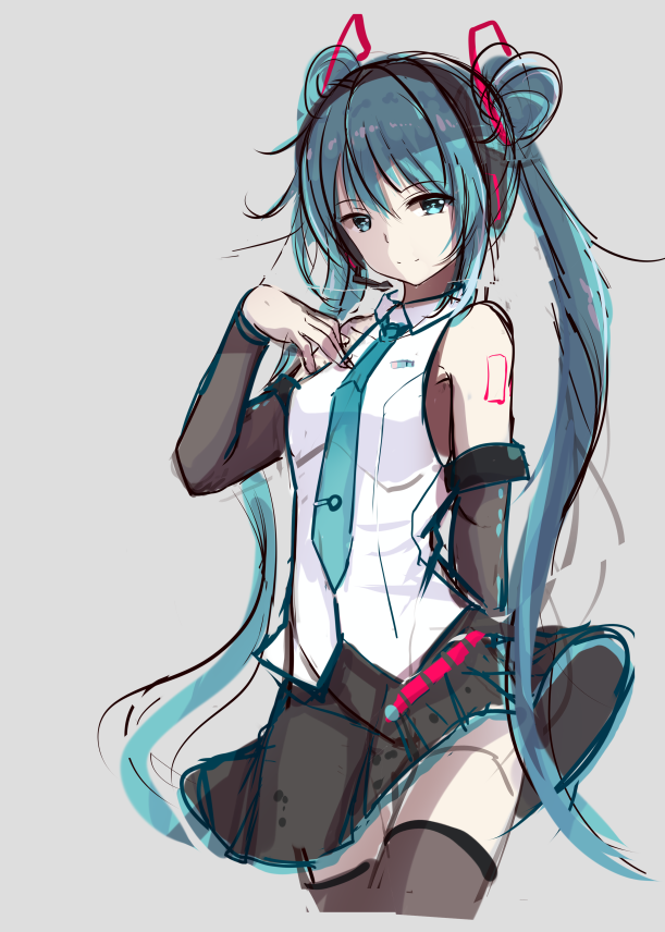 alternate_hairstyle arm_behind_back arm_up bad_id bad_pixiv_id bangs black_legwear black_skirt blue_neckwear closed_eyes closed_mouth cropped_legs derivative_work detached_sleeves double_bun eyebrows_visible_through_hair grey_background hand_on_own_chest hatsune_miku headset long_hair long_sleeves miniskirt necktie qingye_ling shirt shoulder_tattoo simple_background sketch skirt smile solo standing tattoo thighhighs twintails very_long_hair vocaloid white_shirt work_in_progress zettai_ryouiki