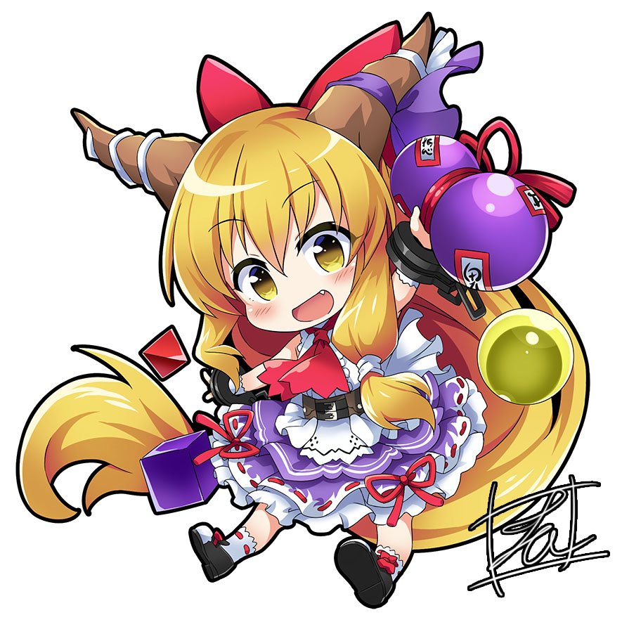 :d arm_up bangs black_footwear blonde_hair blush bow chain chibi commentary_request cuffs eyebrows_visible_through_hair fang frilled_skirt frills full_body gourd hair_between_eyes hair_bow holding horn_bow horns ibuki_suika long_hair looking_at_viewer open_mouth purple_bow red_bow ribbon-trimmed_skirt ribbon_trim shackles sidelocks signature simple_background skirt sleeveless smile socks solo tirotata touhou very_long_hair white_background white_legwear yellow_eyes