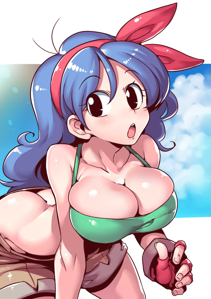 :o ass bent_over black_eyes blue_hair blue_sky breasts bursting_breasts butt_crack cleavage cloud collarbone commentary_request crop_top day dragon_ball dragon_ball_(classic) fingerless_gloves gloves hairband large_breasts looking_at_viewer lunch_(dragon_ball) open_mouth short_shorts shorts simple_background sky tank_top tsuki_wani white_background